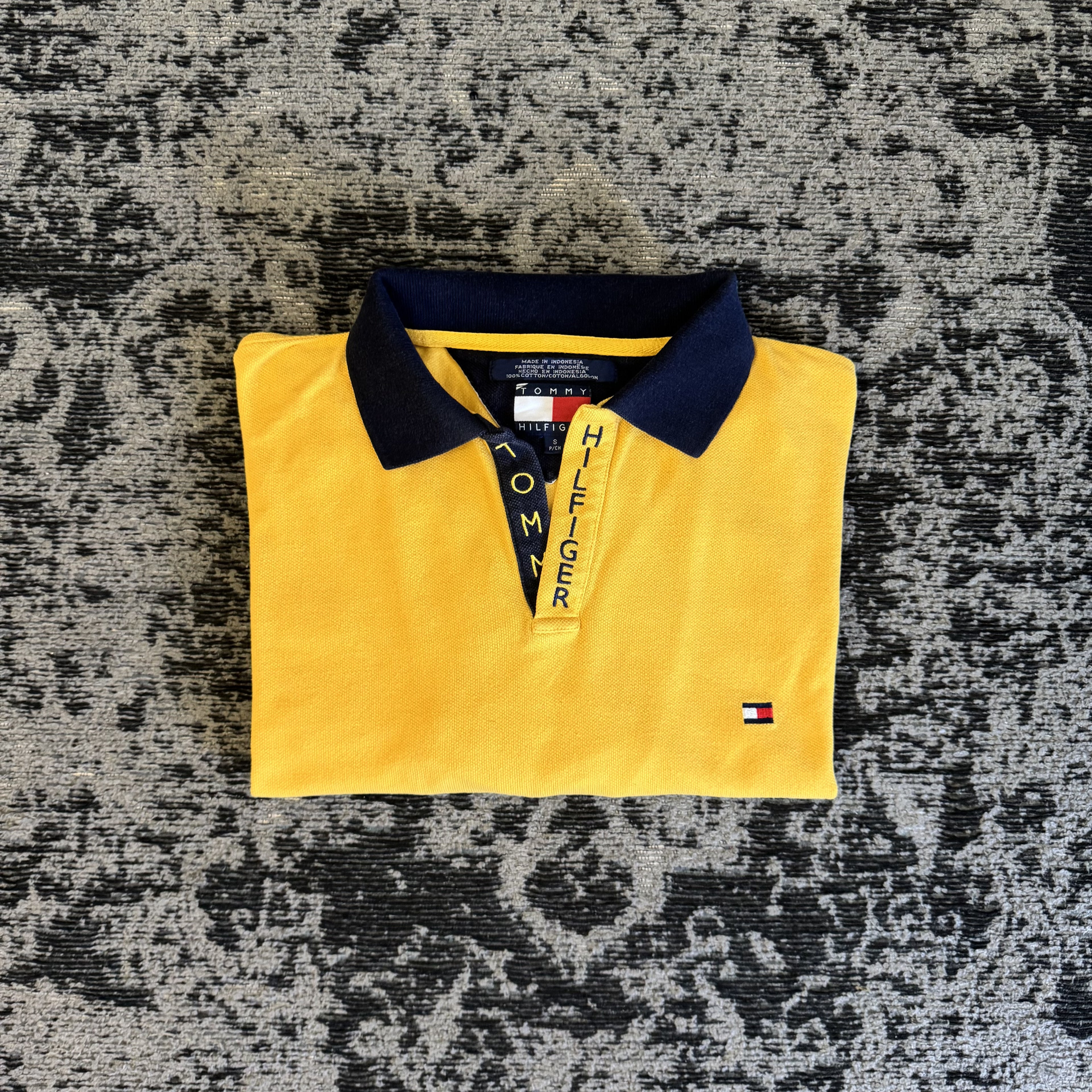 Tommy Hilfiger Yellow Navy Long Sleeve Polo Size S