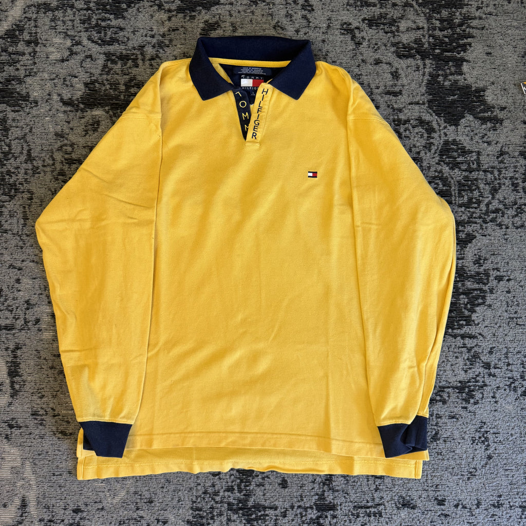 Tommy Hilfiger Yellow Navy Long Sleeve Polo Size S