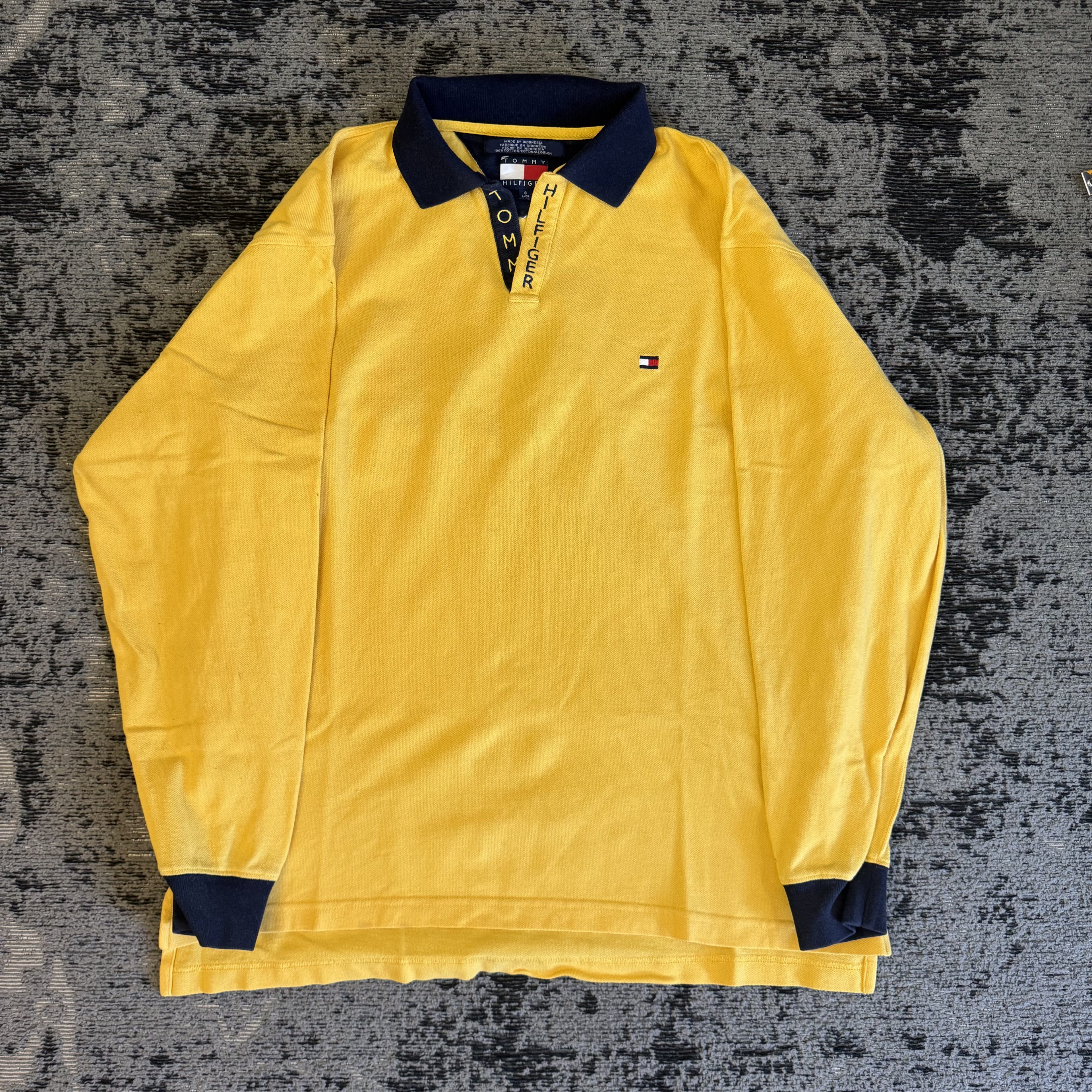 Tommy Hilfiger Yellow Navy Long Sleeve Polo Size S