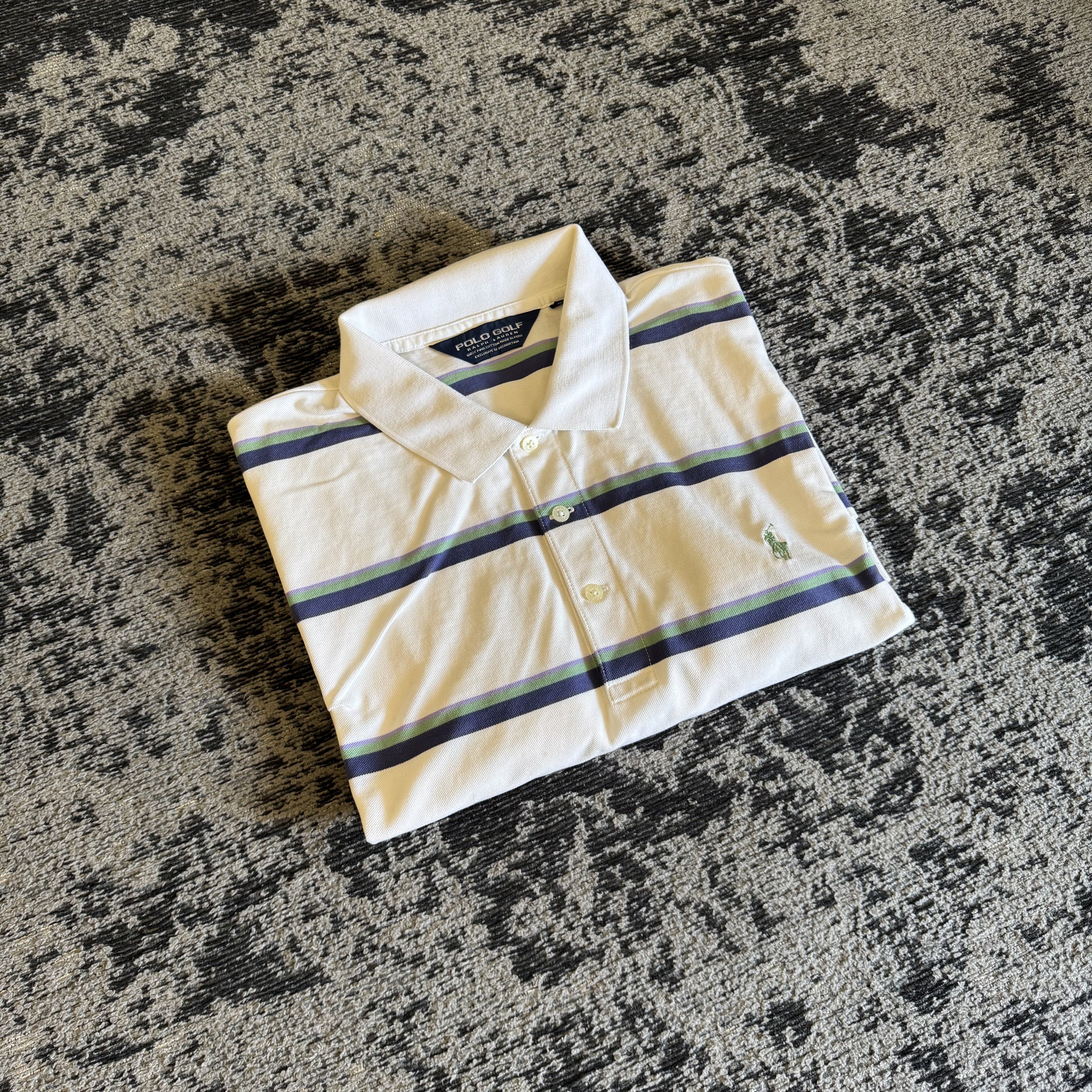 Polo Golf Ralph Lauren Cream Navy Striped Polo Size M