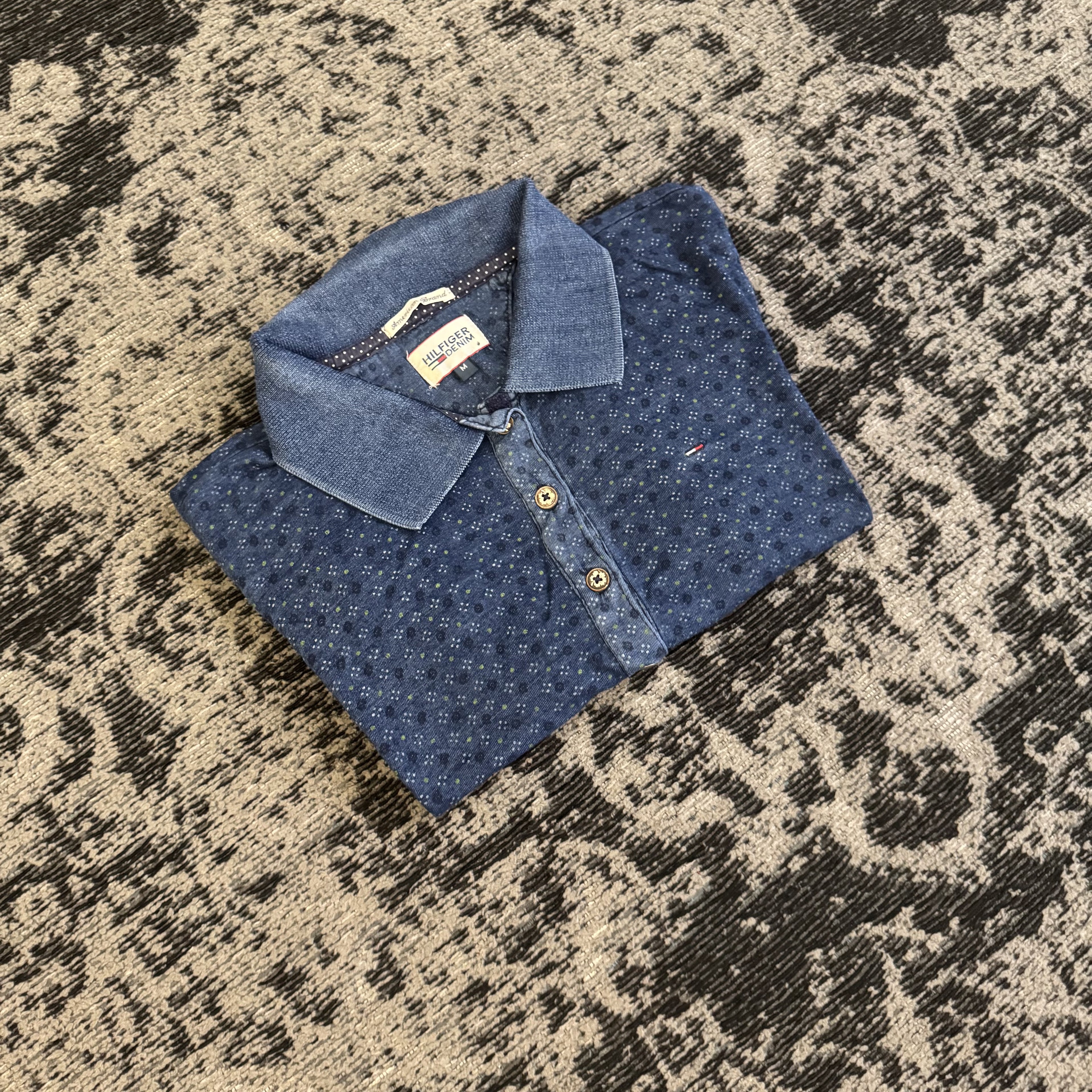 Tommy Hilfiger Denim Blue Pattern Polo Shirt Size M