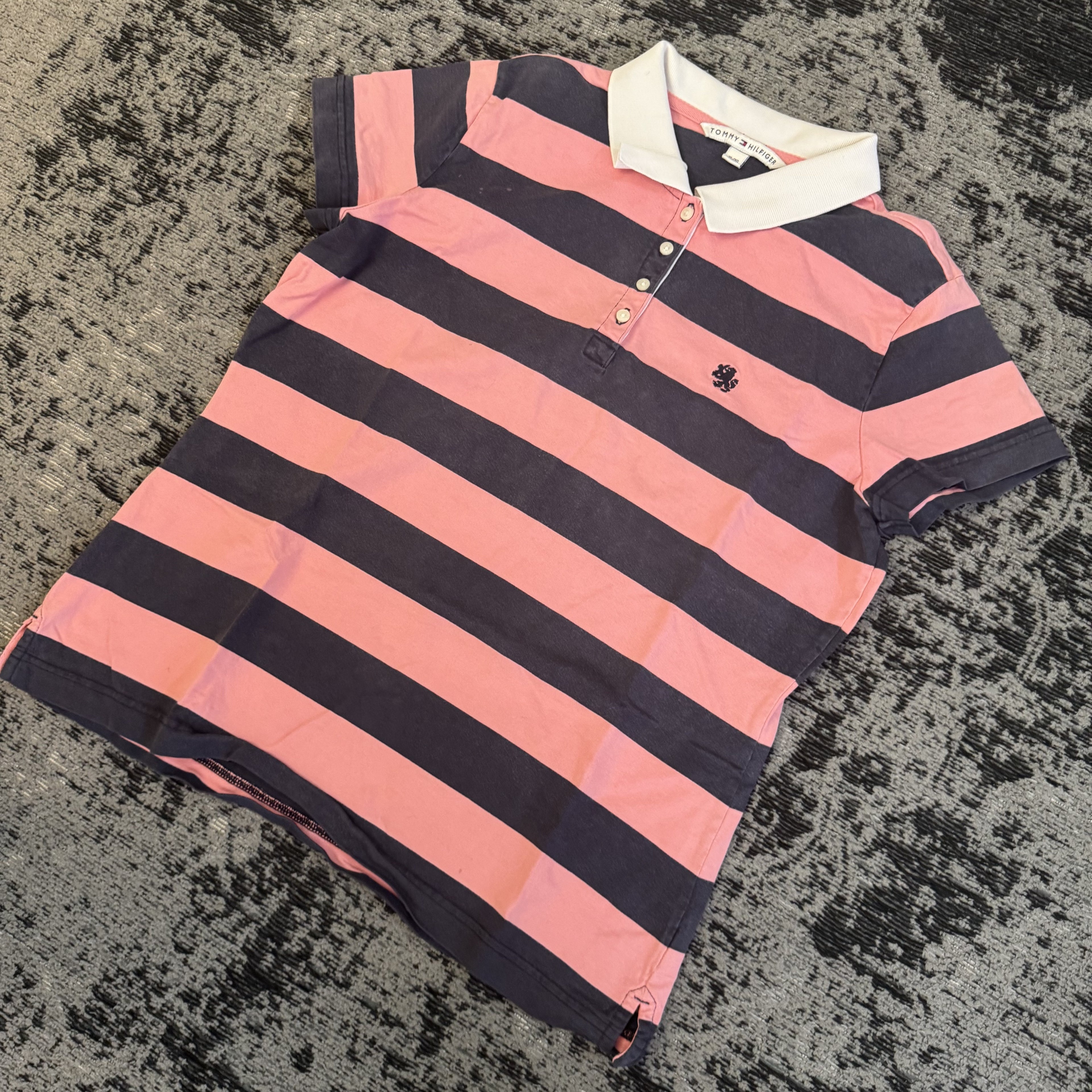 Tommy Hilfiger Pink Navy Striped Polo Shirt Size XL