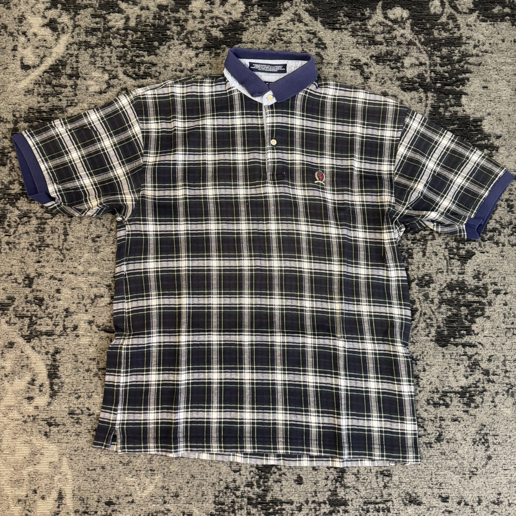 Tommy Hilfiger Black White Plaid Polo Shirt Size L
