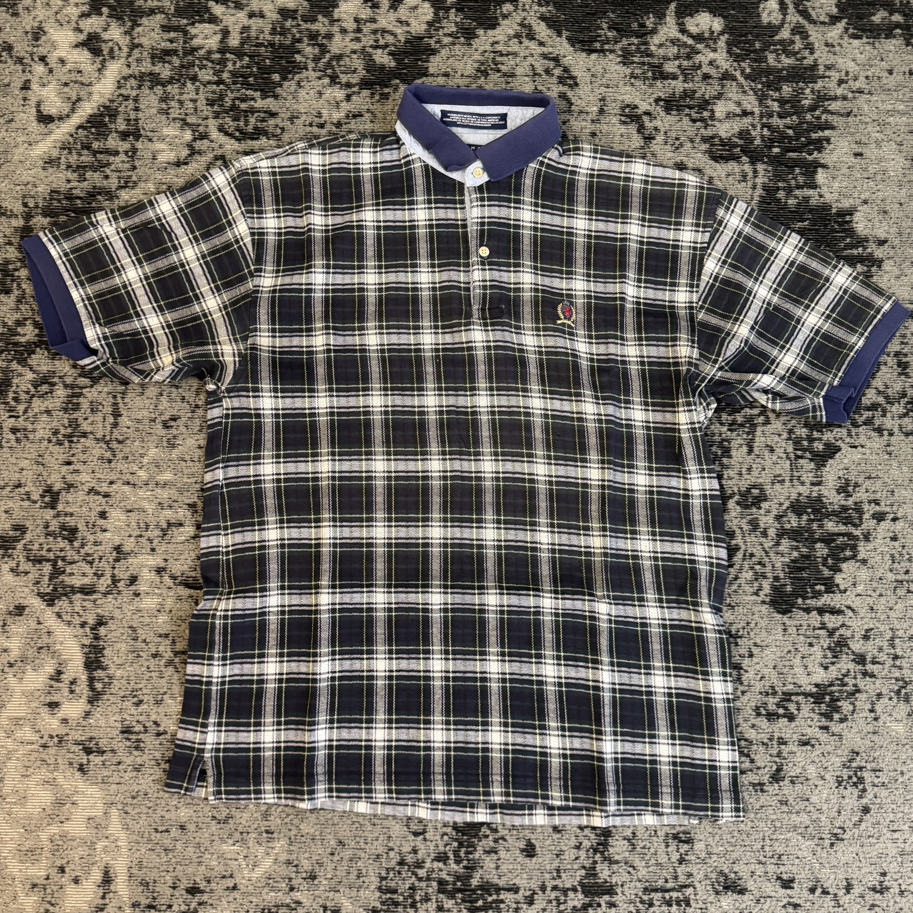 Tommy Hilfiger Black White Plaid Polo Shirt Size L